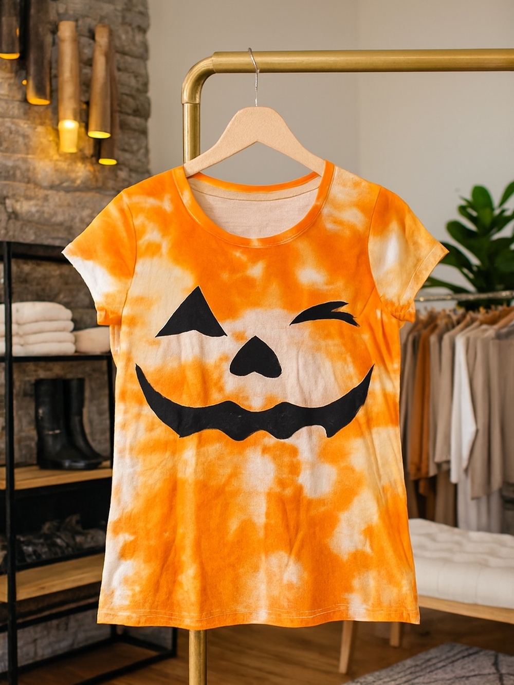 Wound Up Orange and White Tie-Dye Jack-O'-Lantern Short Sleeve Tee